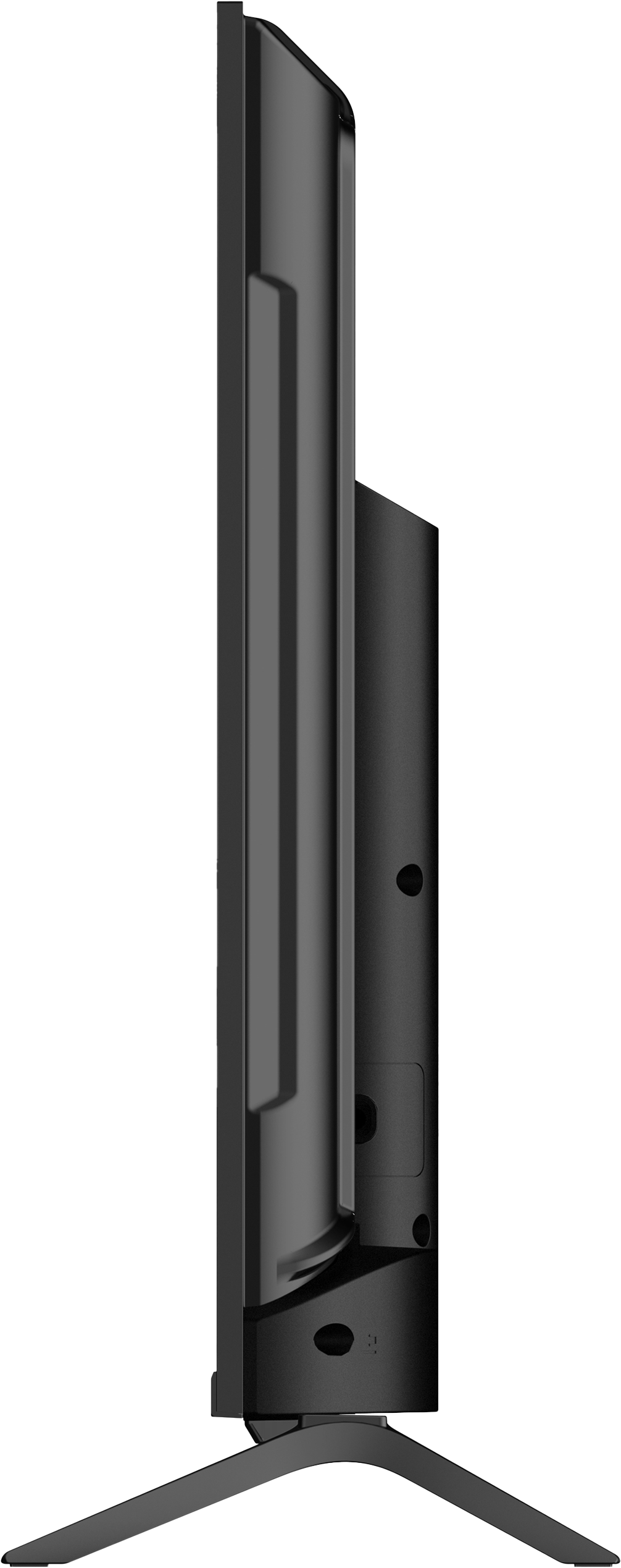 Widok z boku czarnego telewizora. Ekran jest cienki i prostokątny. Tył ma zakrzywioną konstrukcję ze stojakiem.