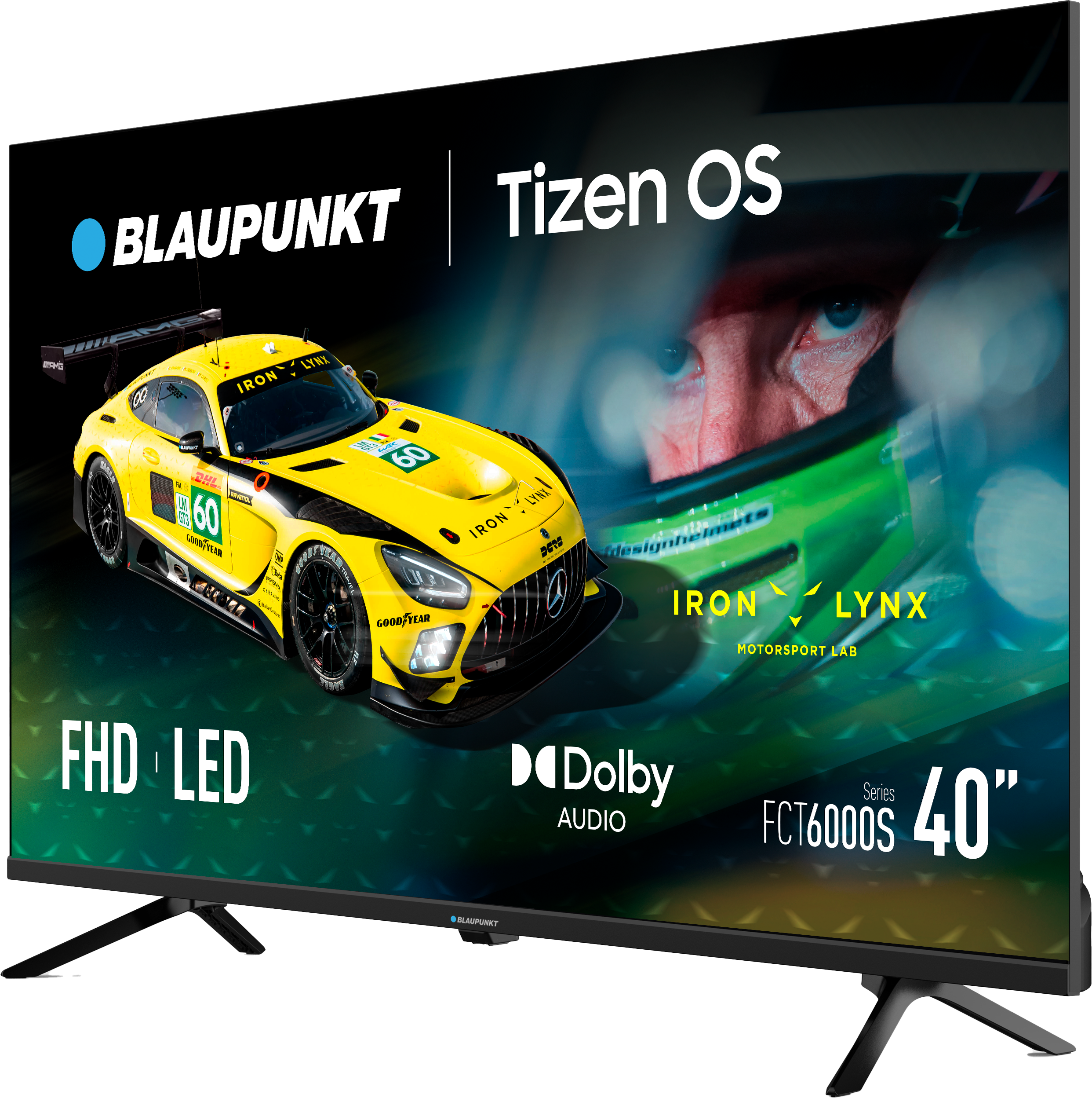 Telewizor Blaupunkt 40" z żółtym samochodem wyścigowym na ekranie. Ekran pokazuje kierowcę w kasku.