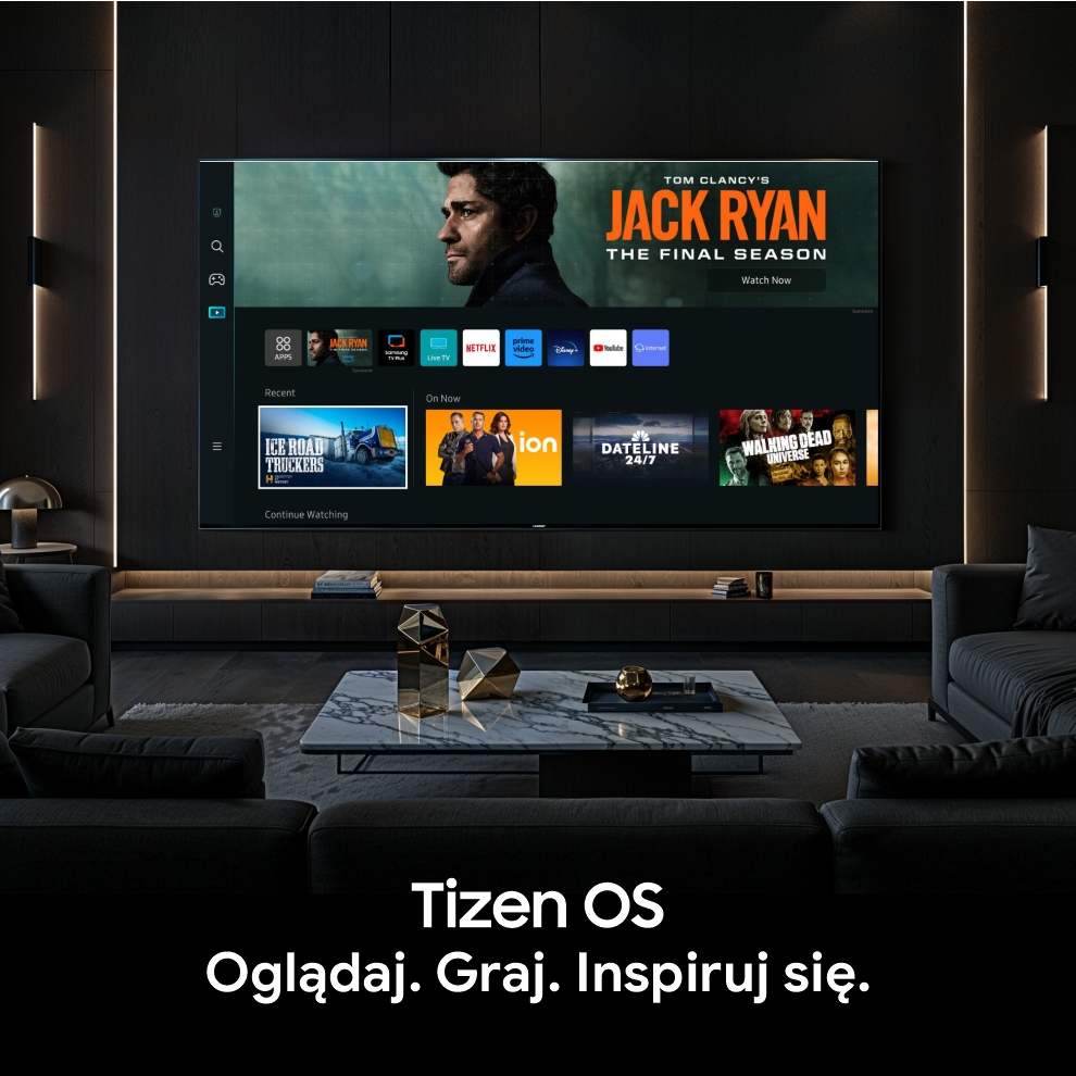 Salon z dużym telewizorem wyświetlającym 'Jack Ryan'. Sofy i stolik kawowy z przodu. Tekst Tizen OS na dole.
