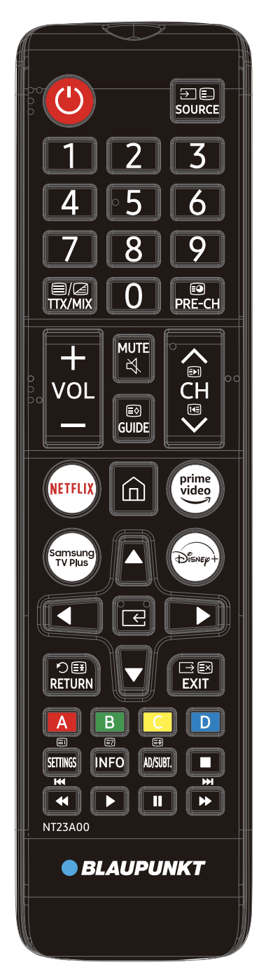 Czarny pilot Blaupunkt. Posiada przyciski zasilania, numery, głośność, kanały, Netflix i inne funkcje.