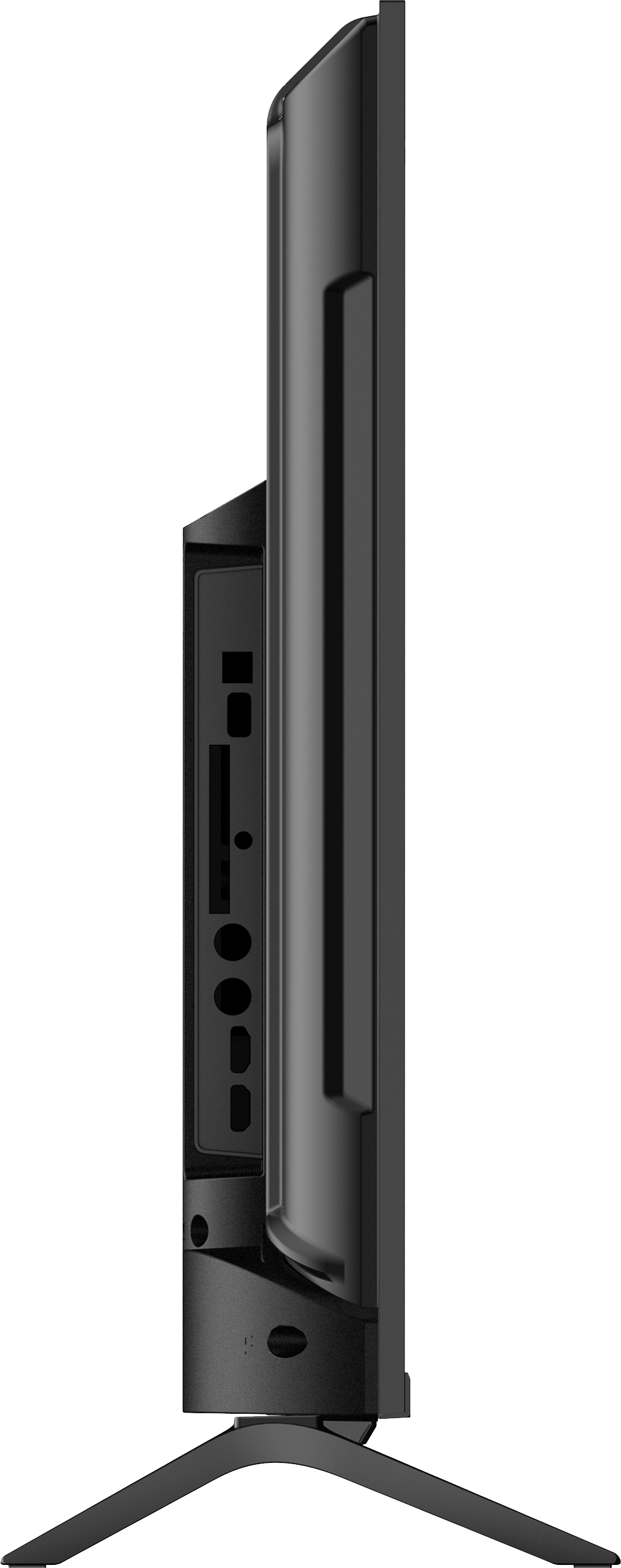 Widok z boku czarnego monitora. Ma kilka portów z boku. Podstawa to cienka, czarna konstrukcja w kształcie litery V.