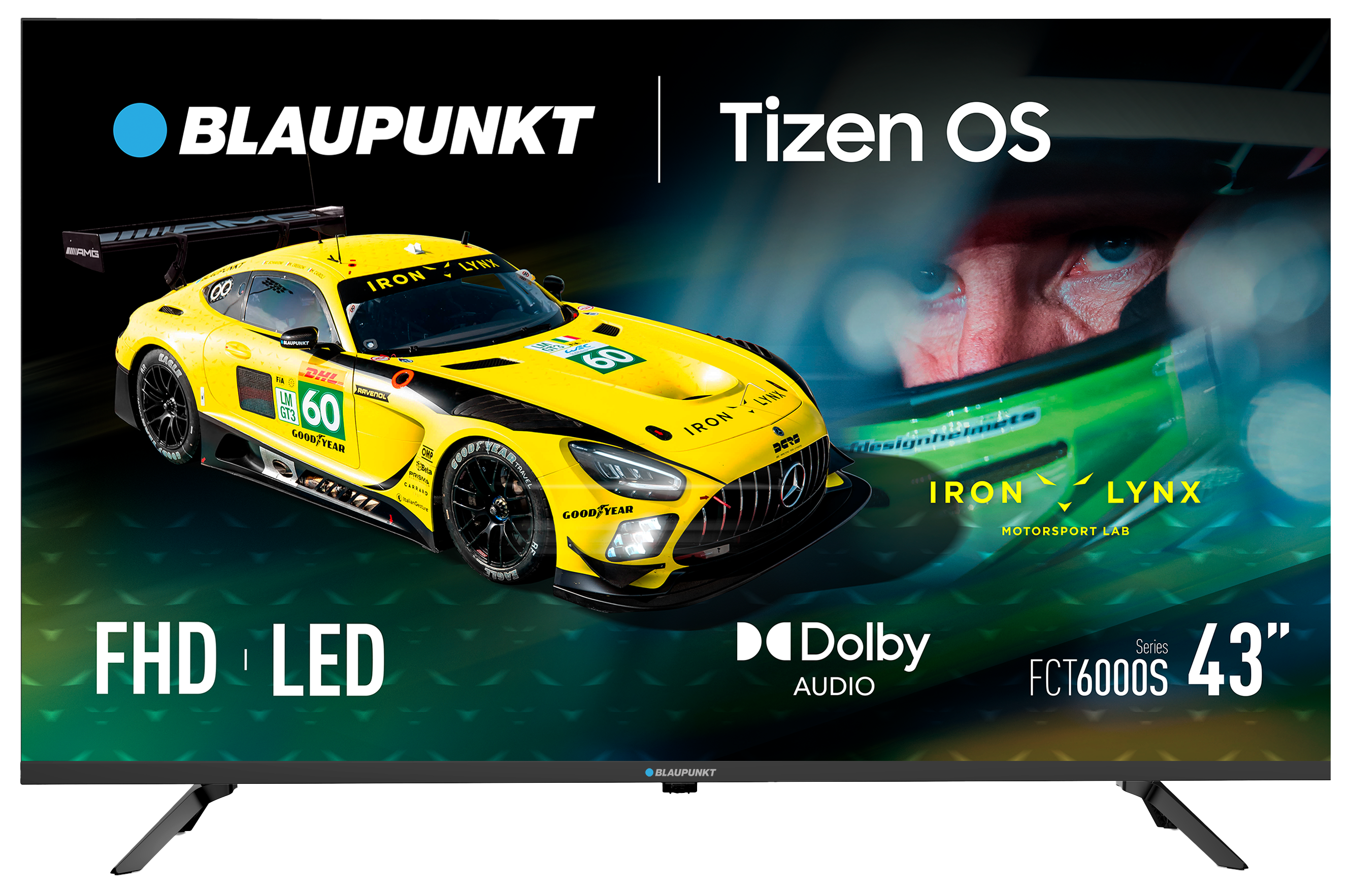 Ekran telewizora z żółtym samochodem wyścigowym, twarzą kierowcy i logo: Blaupunkt, Tizen OS, Dolby Audio i FHD LED.