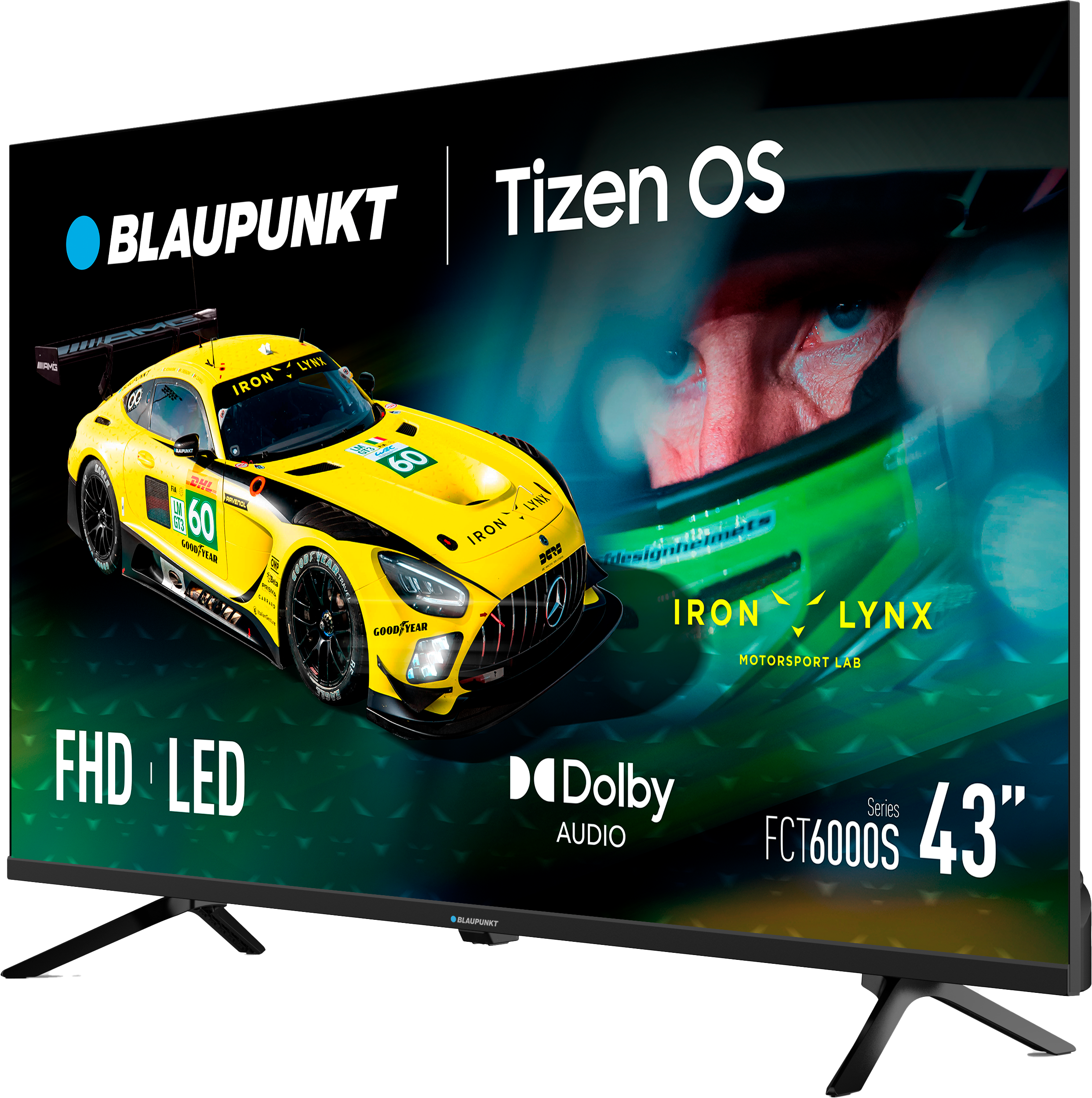 Telewizor Blaupunkt wyświetla żółty samochód wyścigowy ze słowami Tizen OS, Dolby Audio i FHD LED.