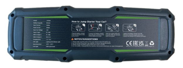 Czarno-zielony rozrusznik do samochodu. Zawiera specyfikacje i instrukcje użytkowania, w tym ostrzeżenia i sugestie.