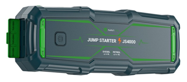 Rozrusznik JS4000. Ciemnoszare i zielone urządzenie z tekstem i symbolem błyskawicy. Odpowiedni dla samochodów z silnikiem Diesla i benzyną.