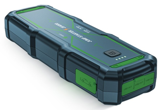 Ciemnoniebieski i zielony Jump Starter JS4000. Ma przycisk zasilania, porty USB i ikonę samochodu. Urządzenie jest prostokątne.