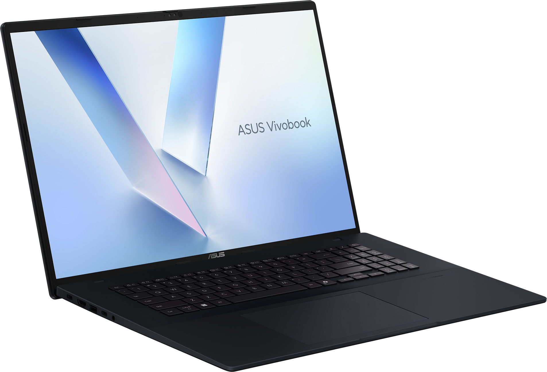 Ein dunkelblauer ASUS Vivobook-Laptop ist geöffnet. Der Bildschirm zeigt ein weißes und blaues abstraktes Design. Die Tastatur ist schwarz.