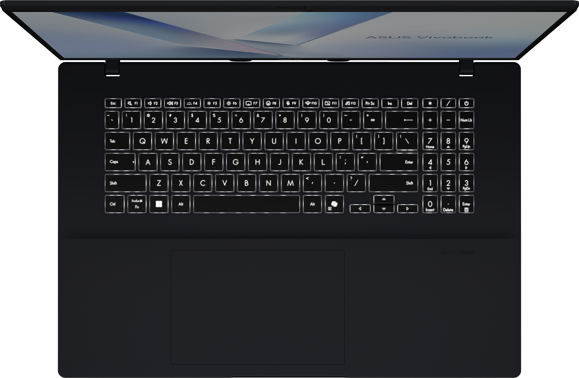 Draufsicht auf einen schwarzen ASUS Vivobook Laptop. Die Tastatur ist beleuchtet. Der Bildschirm ist geöffnet und zeigt ein helles Design.