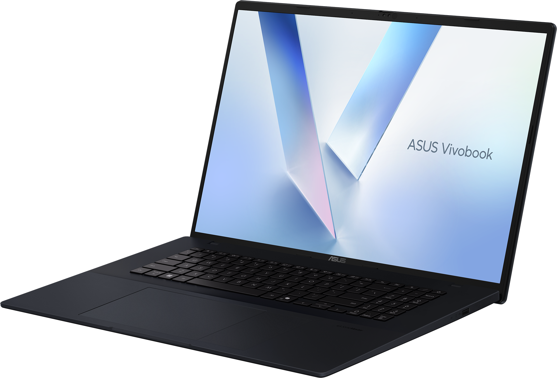Ein dunkler Laptop ist geöffnet und zeigt ein ASUS Vivobook-Logo auf dem Bildschirm. Der Bildschirm zeigt ein blaues und weißes Design.