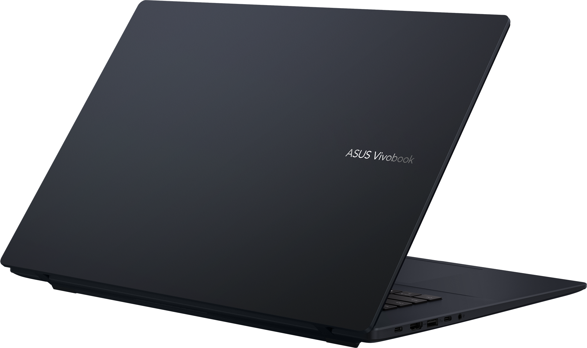 Ein dunkelblaues ASUS Vivobook-Laptop, leicht geöffnet, mit Tastatur. Der Markenname ist auf dem Deckel sichtbar.