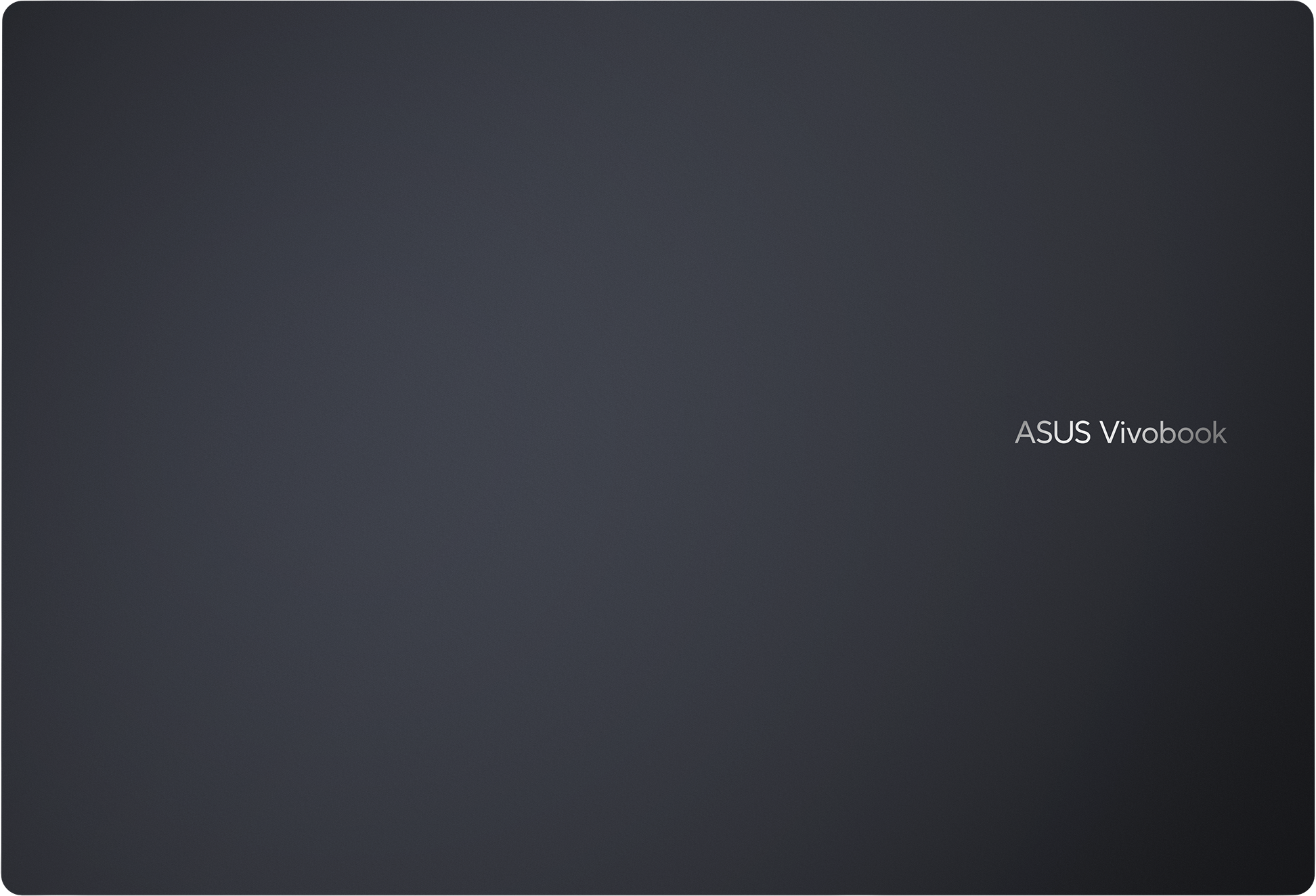 Dunkelgrauer Hintergrund mit ASUS Vivobook-Text in der rechten Ecke. Der Text ist weiß.