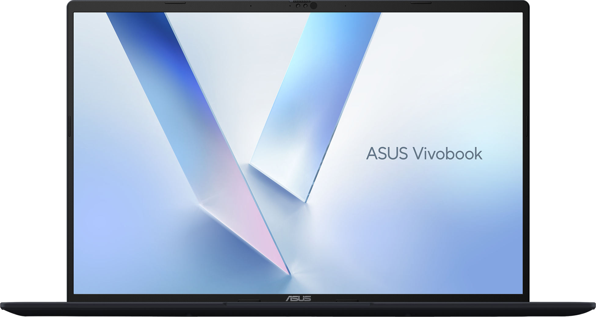 ASUS Vivobook Laptop. Der Bildschirm zeigt abstrakte blaue und weiße Formen. Schwarzer Rahmen umgibt Bildschirm und Tastatur.