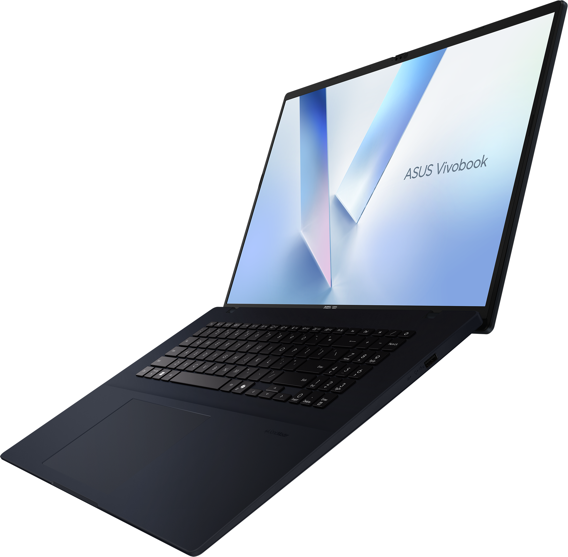 Ein dunkelblaues ASUS Vivobook-Laptop ist angewinkelt geöffnet. Der Bildschirm zeigt ein blaues und weißes Design mit dem Markennamen.