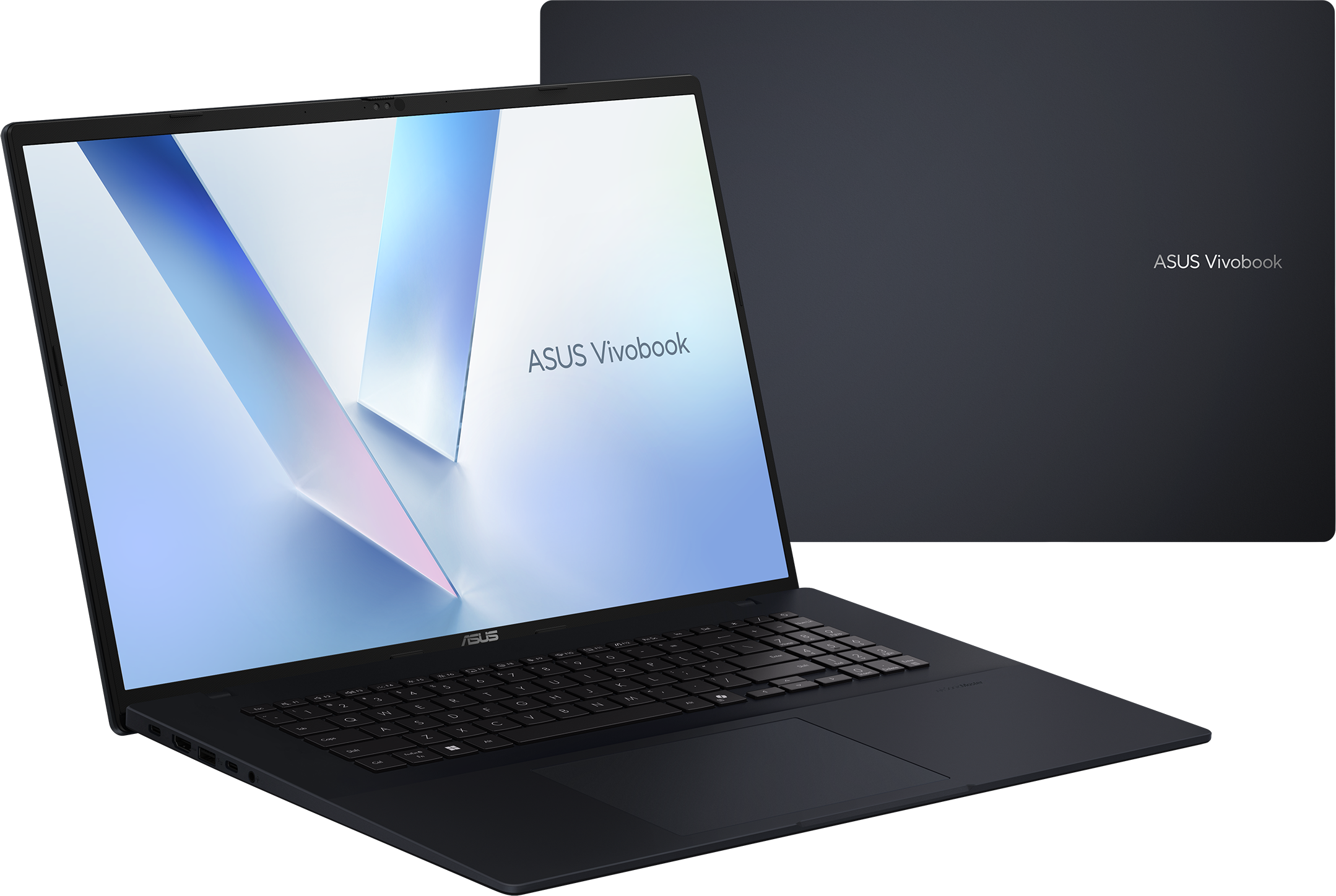 Ein schwarzes ASUS Vivobook-Laptop ist geöffnet. Der Bildschirm zeigt ein weißes und blaues abstraktes Design mit dem ASUS Vivobook-Logo.