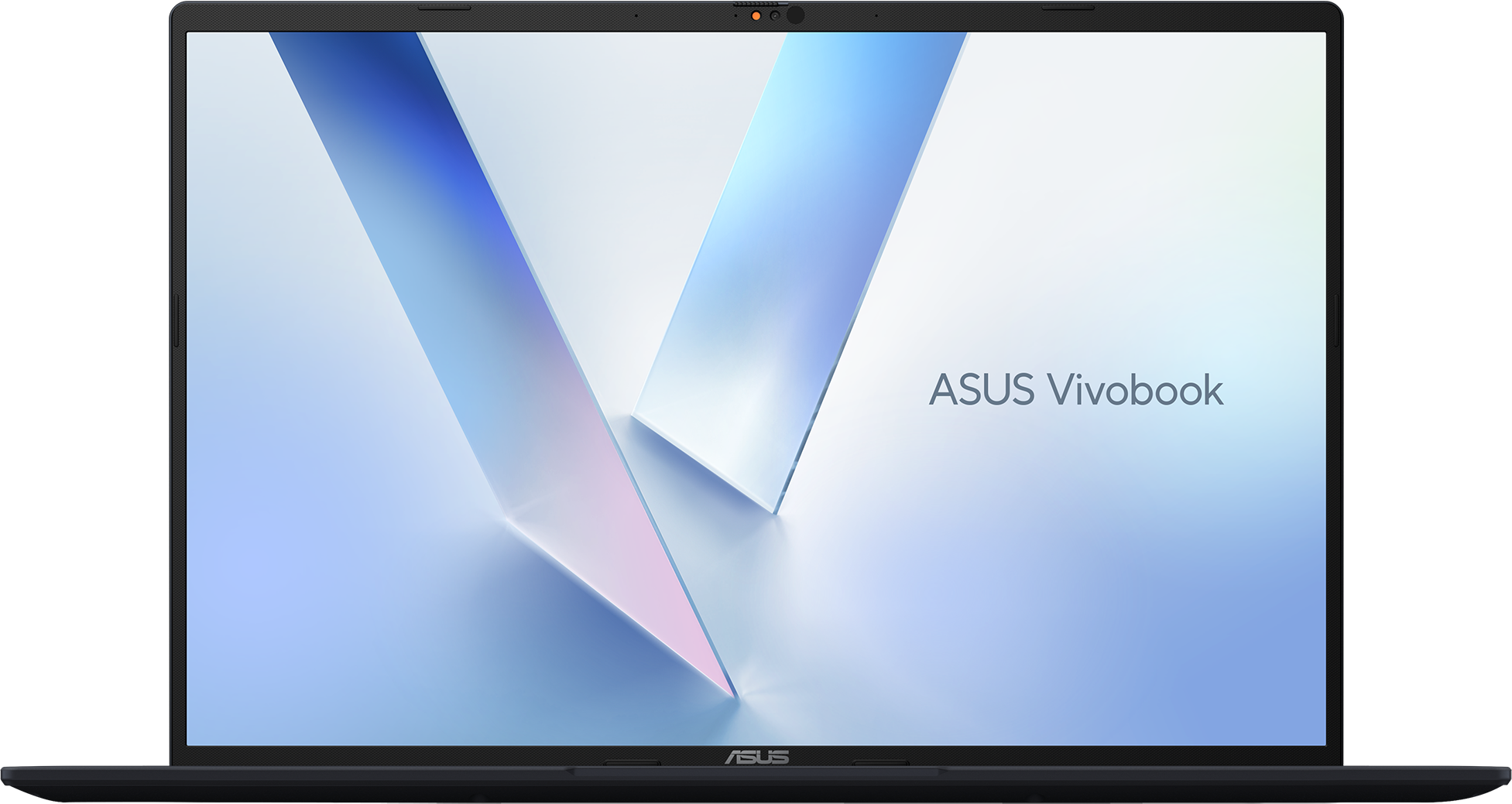 ASUS Vivobook Laptop. Der Bildschirm zeigt abstrakte Formen in Blau und Weiß. Schwarzer Rahmen umgibt den Bildschirm.