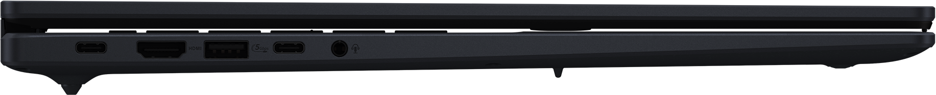 Seitenansicht eines dunklen Laptops mit Anschlüssen: Thunderbolt, HDMI, USB, Audioanschluss und Ladeanschluss. Schwarze Farbe.