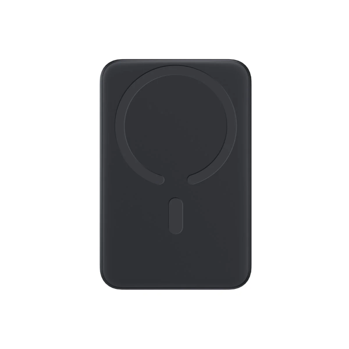 Egy fekete téglalap alakú power bank, kör alakú bemélyedéssel és függőleges vonallal fehér háttéren.
