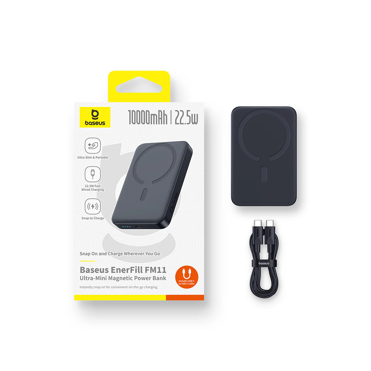 Baseus EnerFill FM11 power bank, fekete színben, kábellel és csomagolással. A csomagolás a termék jellemzőit és specifikációit mutatja.