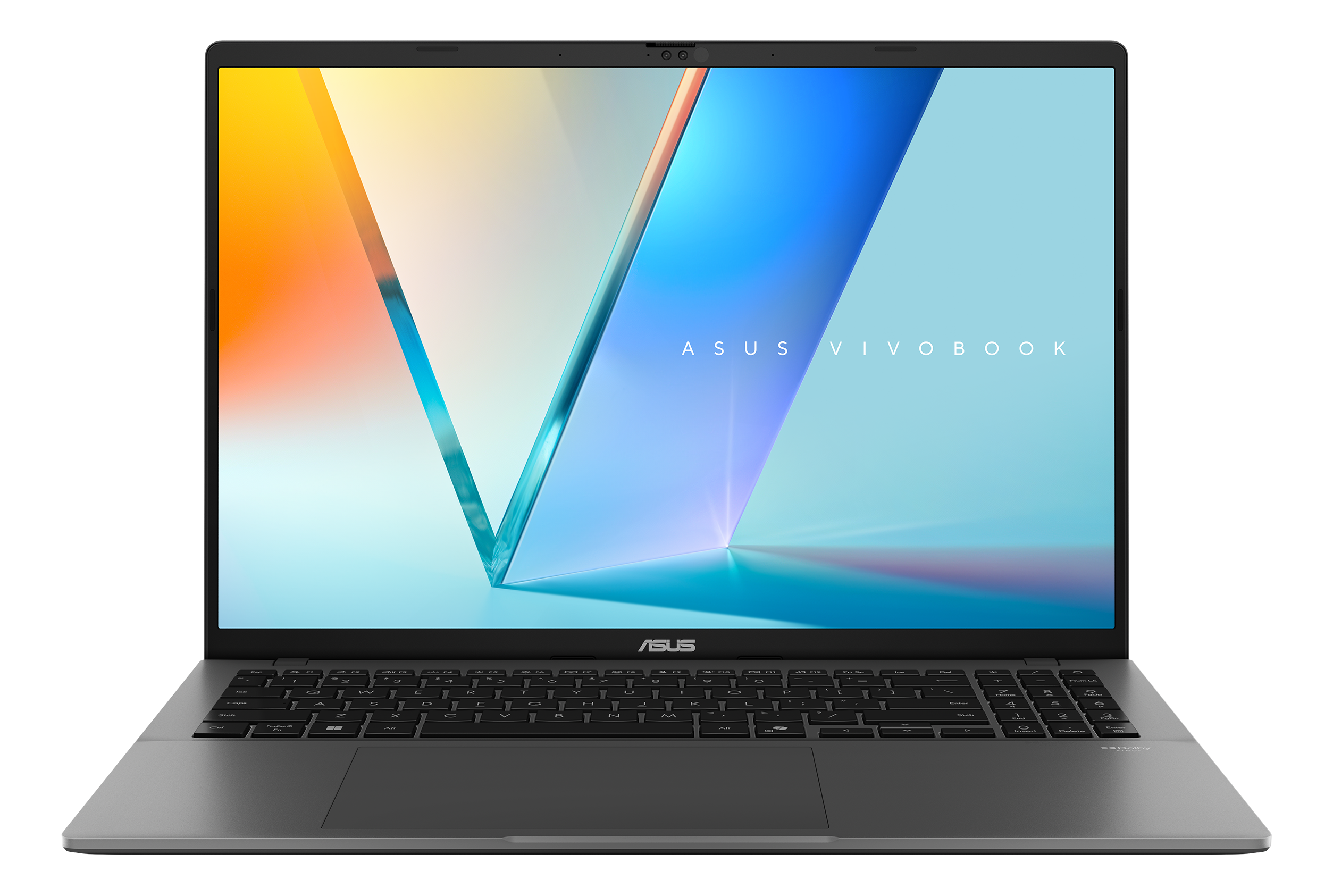 Silberner ASUS Vivobook Laptop auf schwarzem Hintergrund. Bildschirm zeigt Farbverlauf. Tastatur sichtbar.