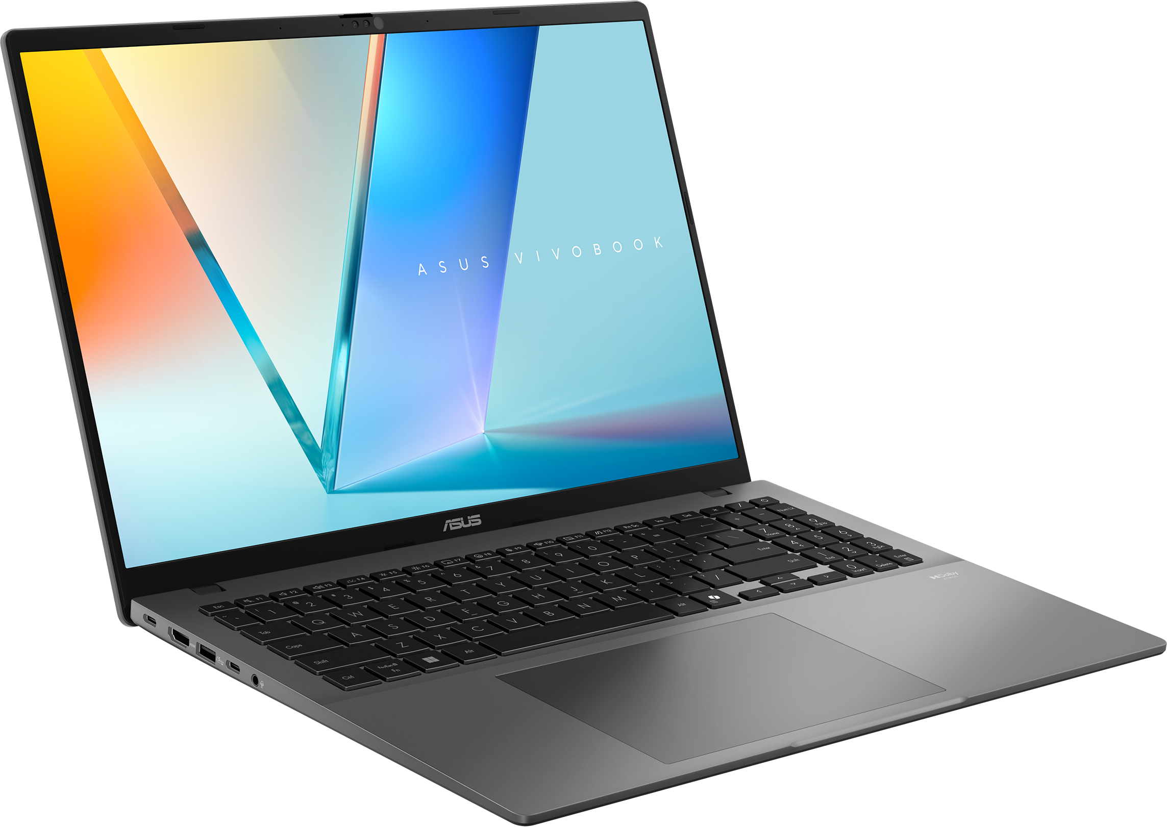 Silberner ASUS Vivobook-Laptop. Der Bildschirm zeigt ein farbenfrohes abstraktes Bild. Tastatur und Touchpad sind sichtbar.