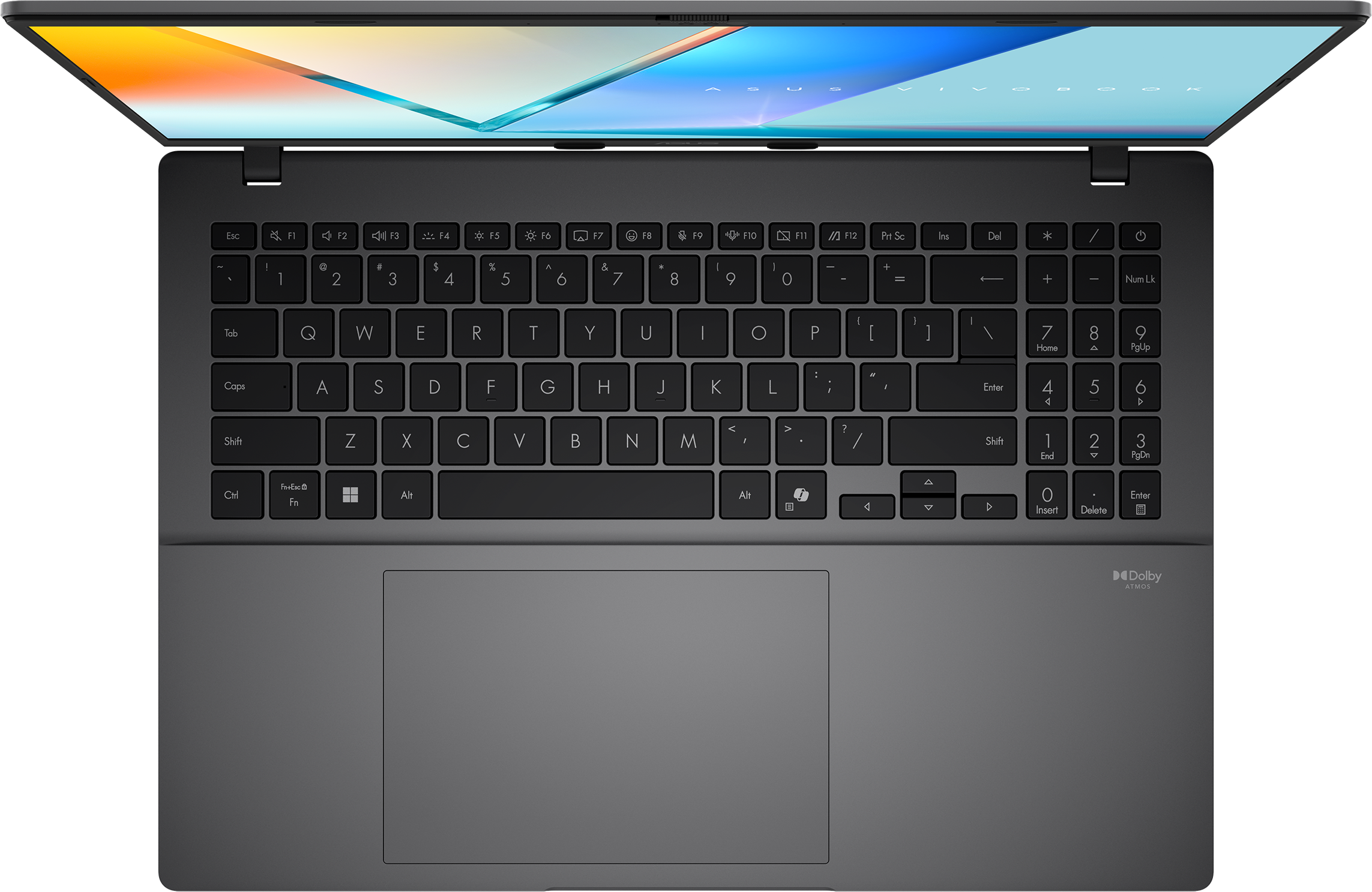 Draufsicht auf einen grauen Laptop mit geöffnetem Bildschirm. Die Tastatur mit Tasten und das Trackpad sind sichtbar.