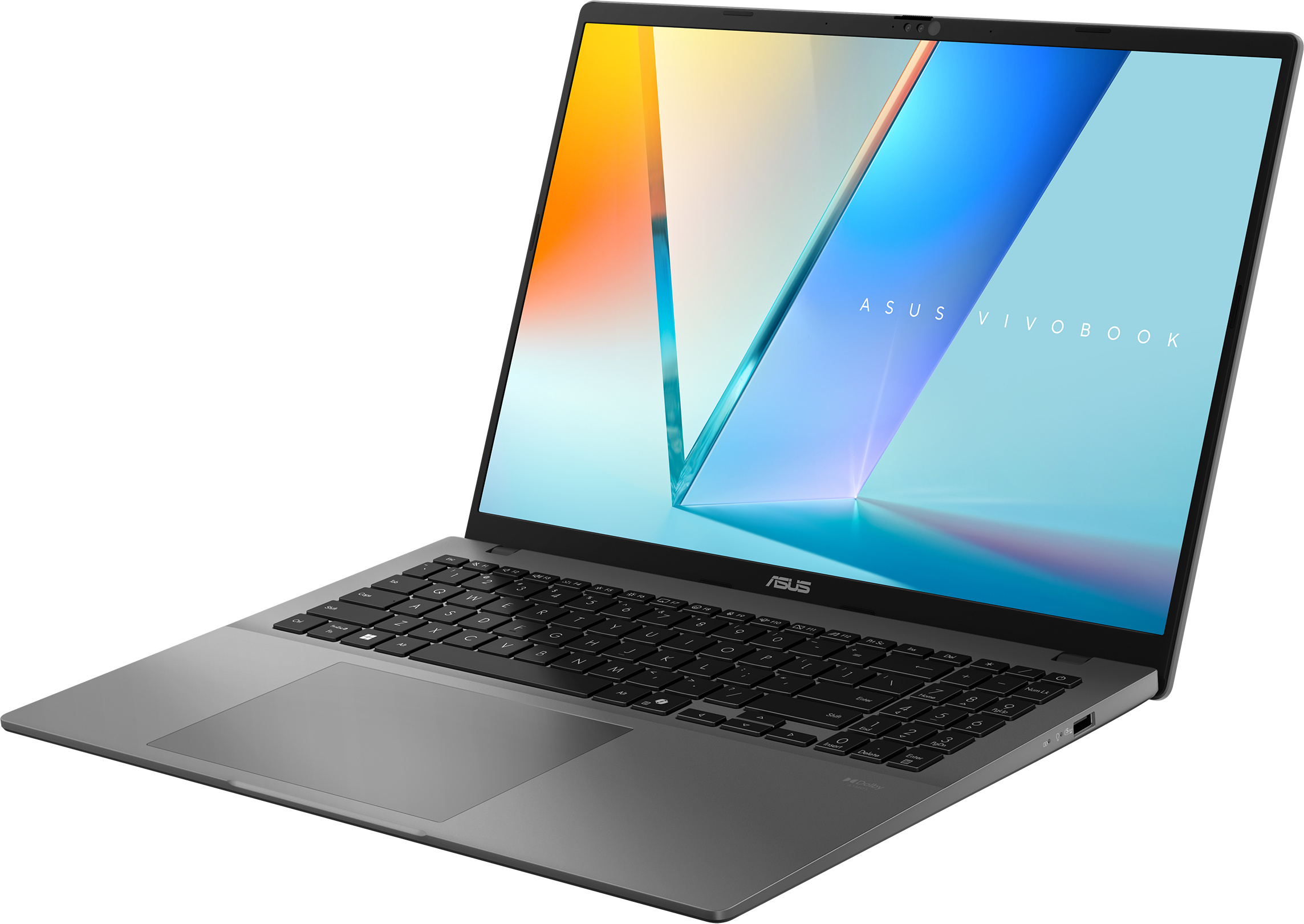 Silberner ASUS Vivobook Laptop, geöffnet auf einem Farbverlaufshintergrund. Tastatur sichtbar. Bildschirm zeigt Blau- und Gelbverläufe.