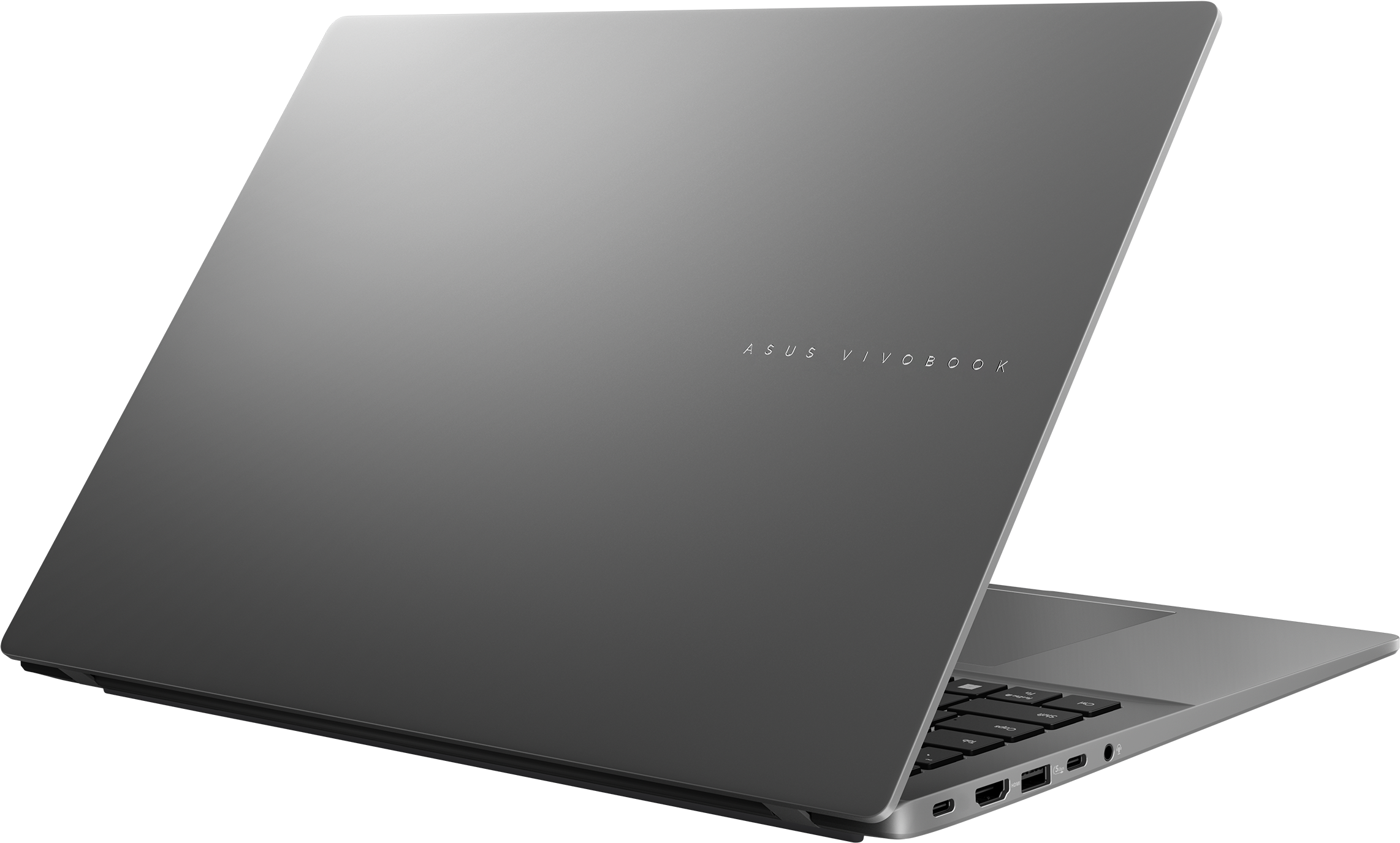 Grauer Laptop, teilweise geöffnet. Das Asus Vivobook-Logo ist sichtbar. Tastatur und Anschlüsse sind auf der geöffneten Seite zu sehen.
