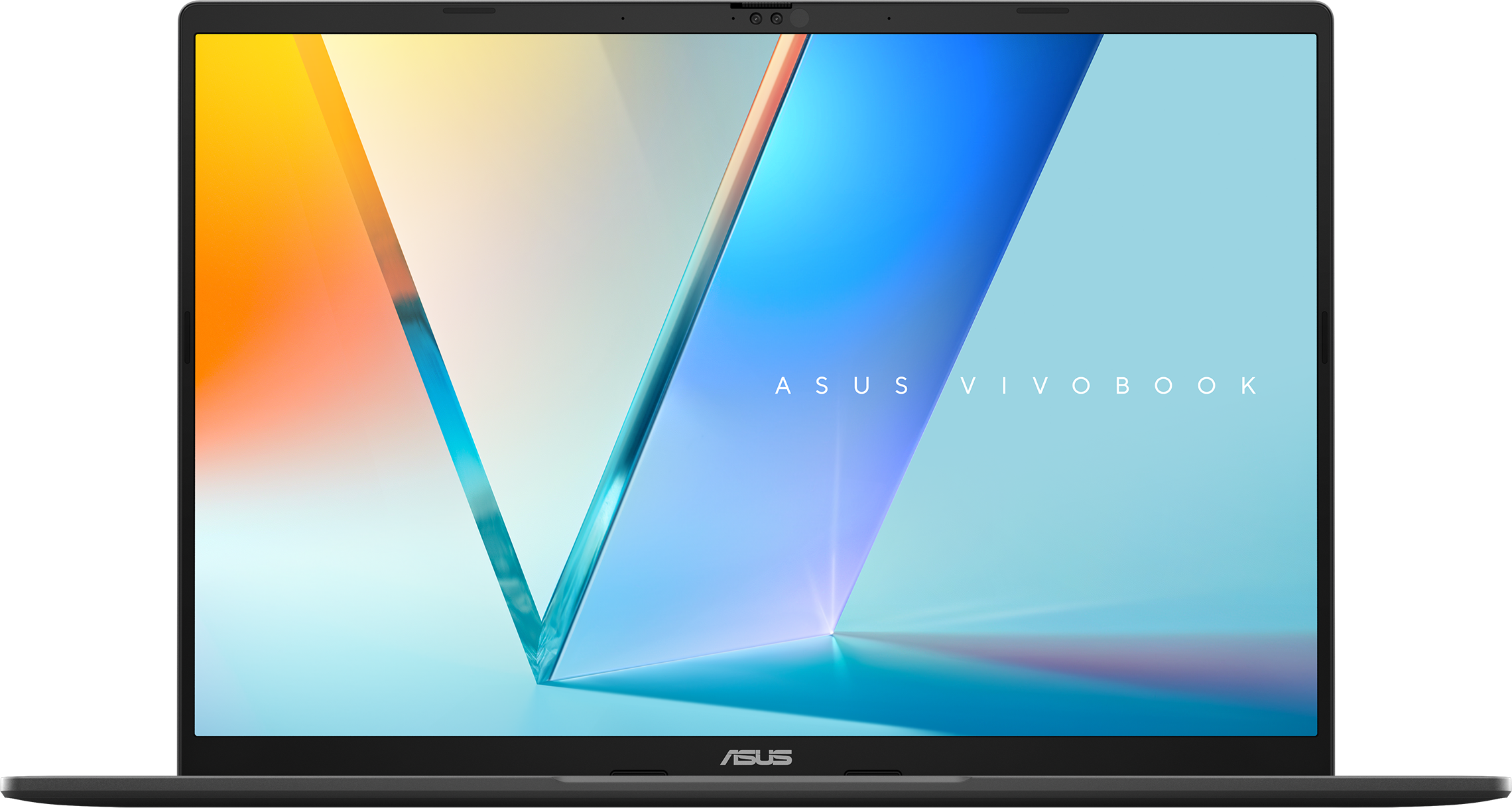 Ein ASUS Vivobook-Laptop ist geöffnet. Der Bildschirm zeigt einen bunten Farbverlauf. Der Laptop ist schwarz mit dem ASUS-Logo unten.