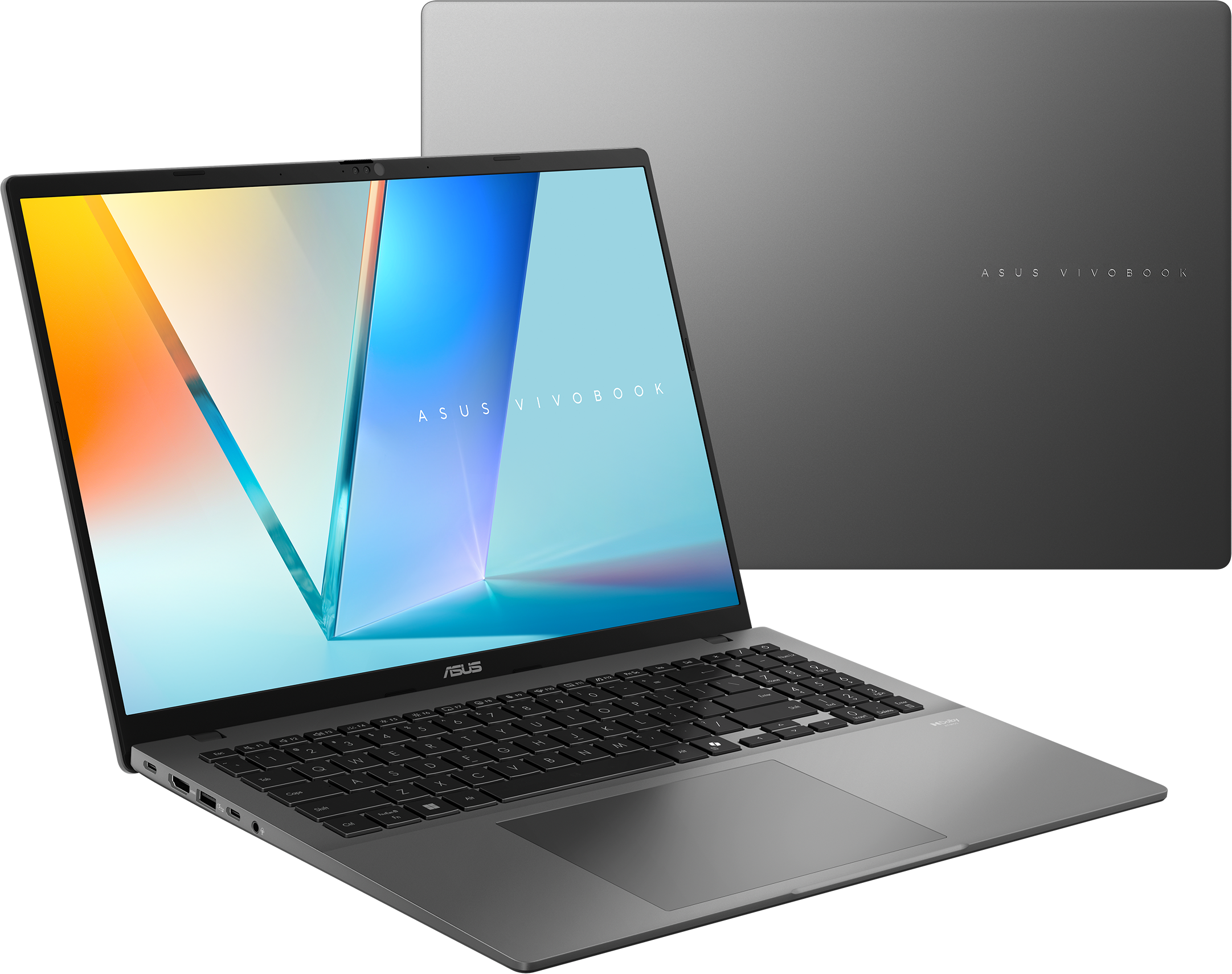 Ein grauer Asus Vivobook-Laptop wird geöffnet mit einem bunten Bildschirm angezeigt. Die Rückseite hat das ASUS Vivobook-Logo.