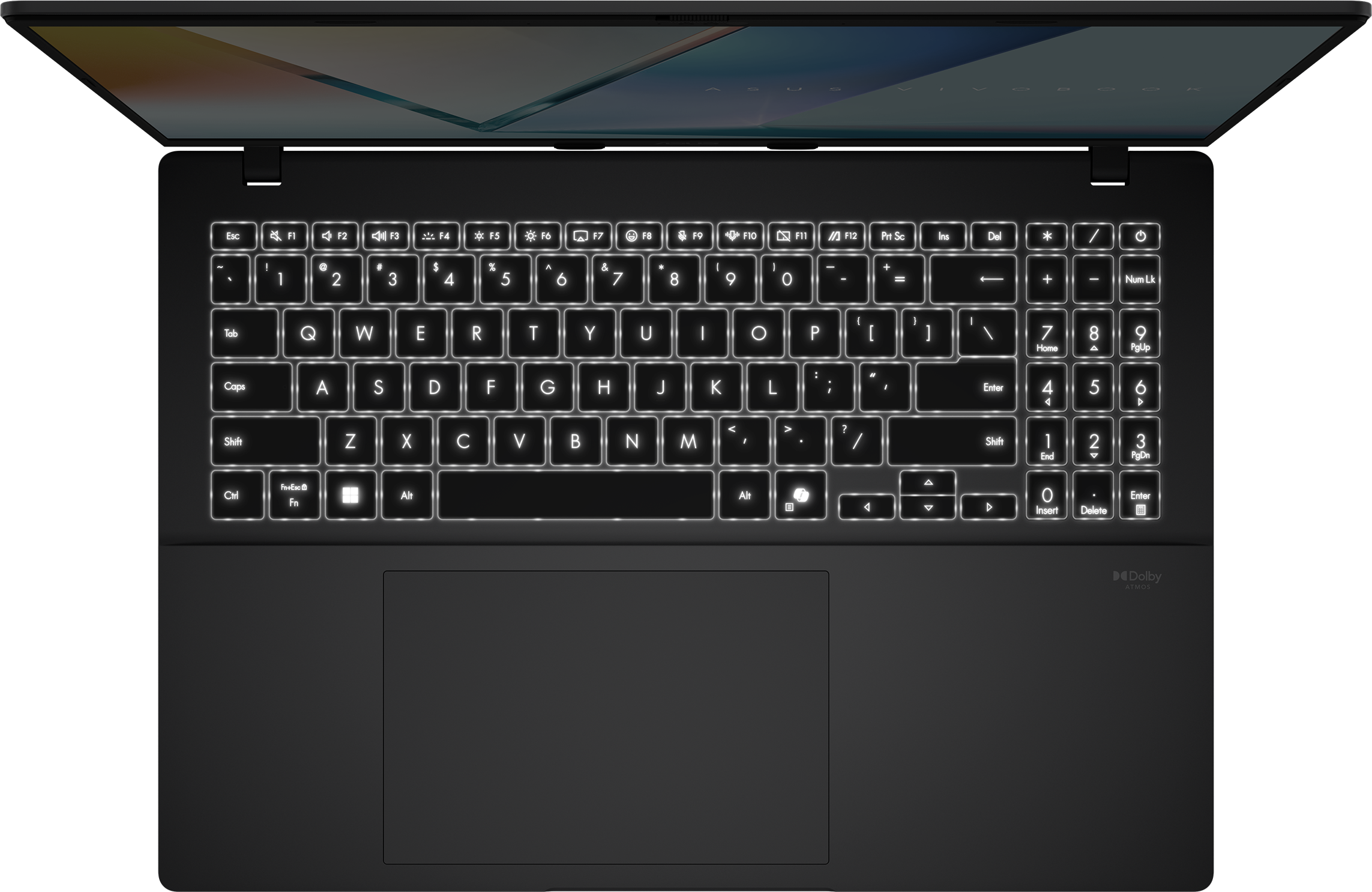 Draufsicht auf einen schwarzen Laptop mit Hintergrundbeleuchtung. Der Bildschirm ist geöffnet. Tasten leuchten weiß.