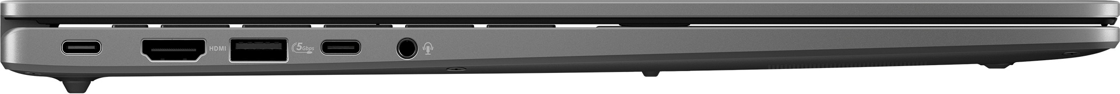 Seitenansicht eines Laptops mit mehreren Anschlüssen, einschließlich USB-C, HDMI und Audioanschluss, in einem grauen Gehäuse.
