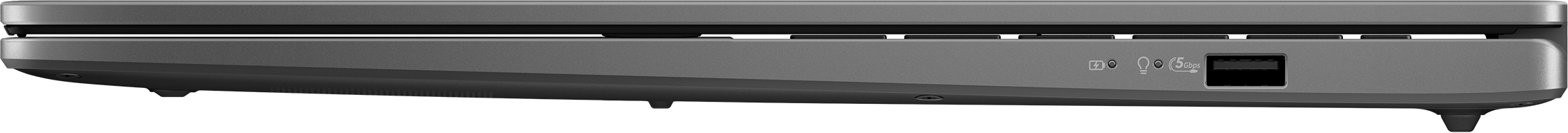 Seitenansicht eines grauen Laptops mit Anschlüssen und Kontrollleuchten. USB-Anschluss, Strom- und Lichtindikatoren sind sichtbar.