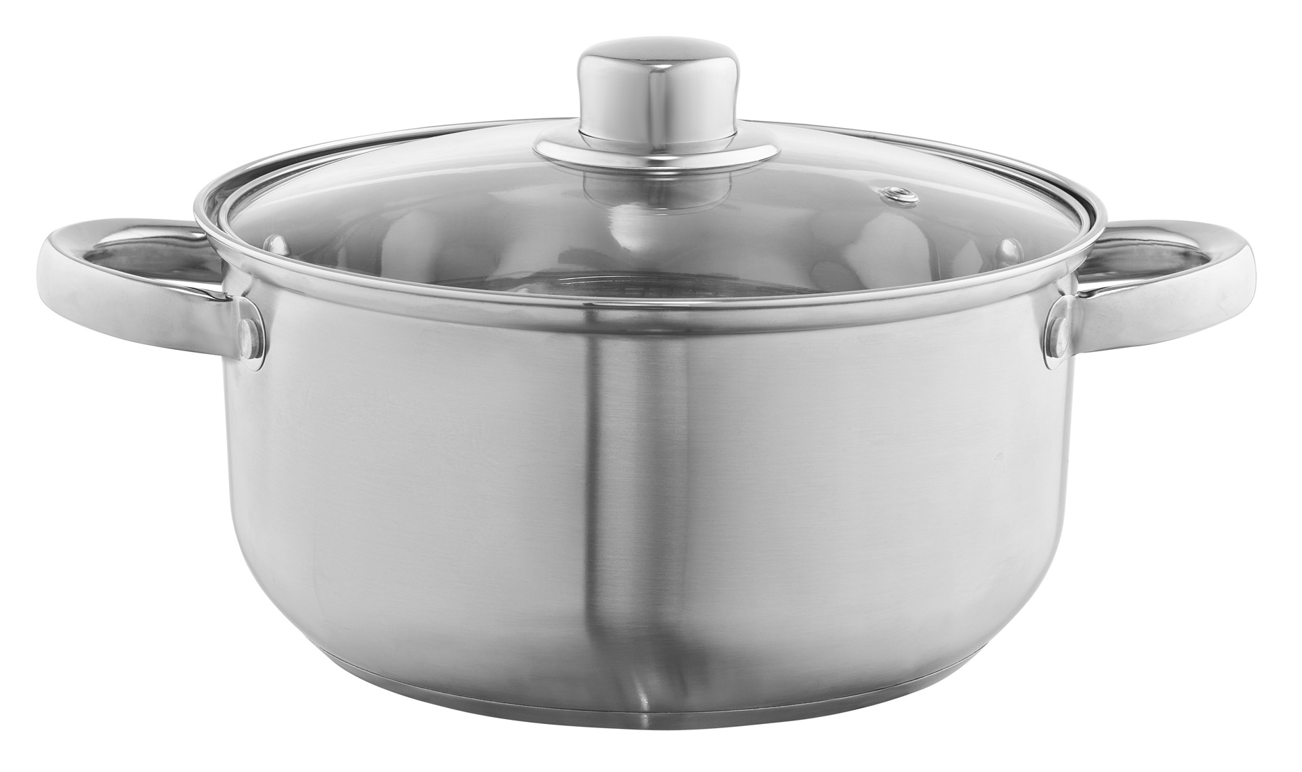 Garnek ze stali nierdzewnej ze szklaną pokrywką i dwoma uchwytami. Pokrywka ma mały, okrągły uchwyt.
