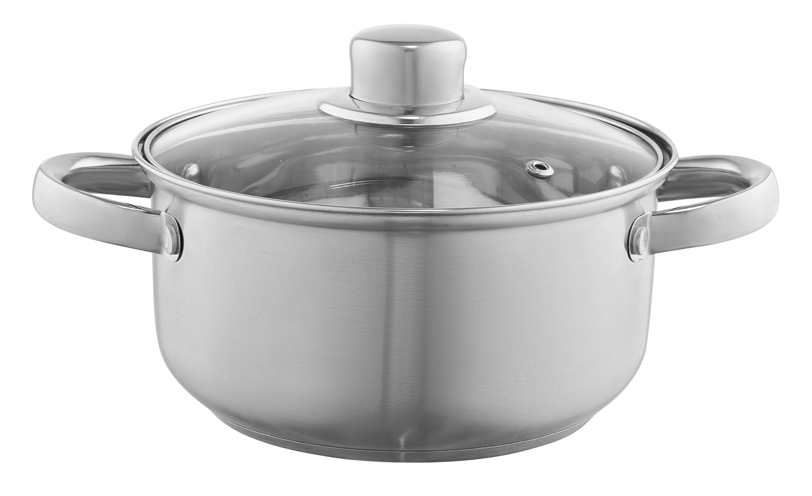 Garnek ze stali nierdzewnej ze szklaną pokrywką i dwoma uchwytami bocznymi. Pokrywka ma mały uchwyt na górze.