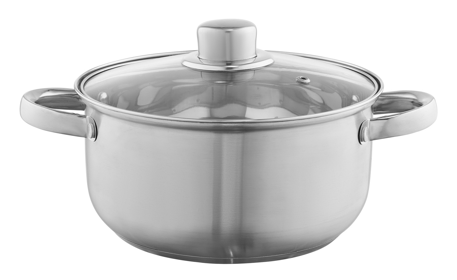 Garnek ze stali nierdzewnej ze szklaną pokrywką. Ma dwa uchwyty i gałkę na pokrywce. Tło jest białe.