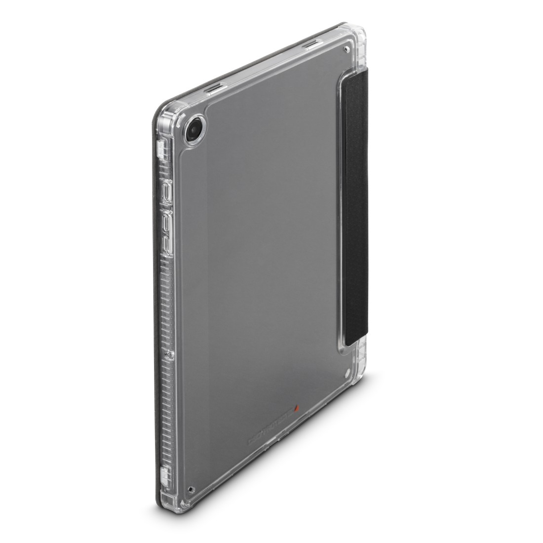 Eine transparente Tablethülle mit einem schwarzen Riemen. Der Tablet-Bildschirm ist grau. Die Hülle befindet sich auf weißem Hintergrund.