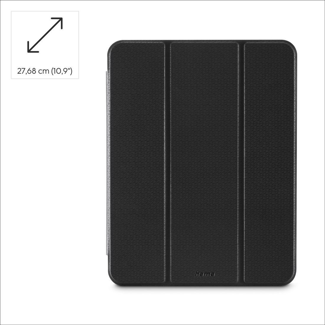 Schwarze Tablet-Hülle mit strukturierter Oberfläche, gefaltet. Messetikett zeigt 27,68 cm (10,9"). Die Marke 'hama' ist sichtbar.