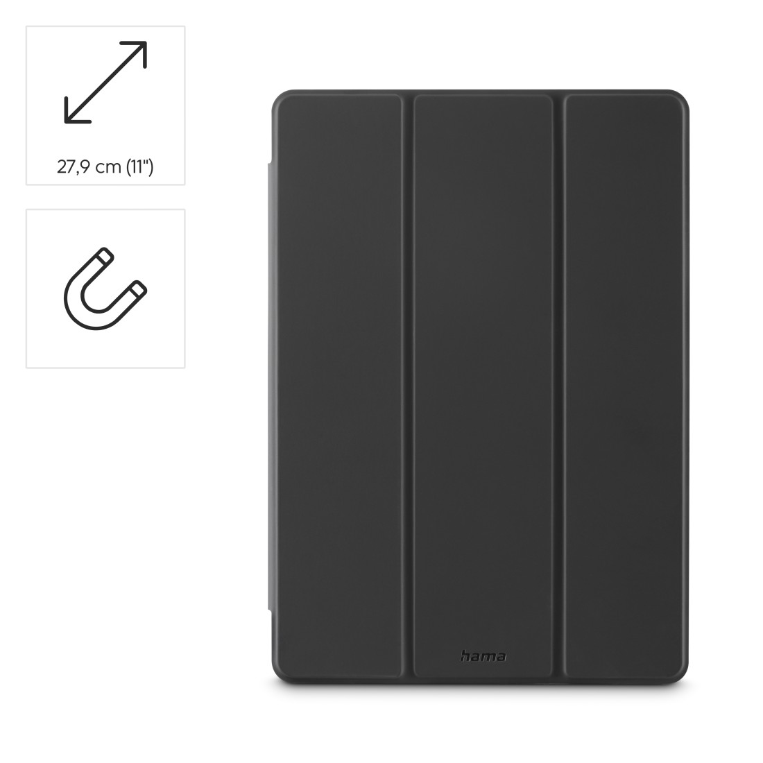 Schwarze Tablethülle mit drei Paneelen, einem Magnetsymbol und Größenangabe. Unten ist ein 'hama'-Logo zu sehen.