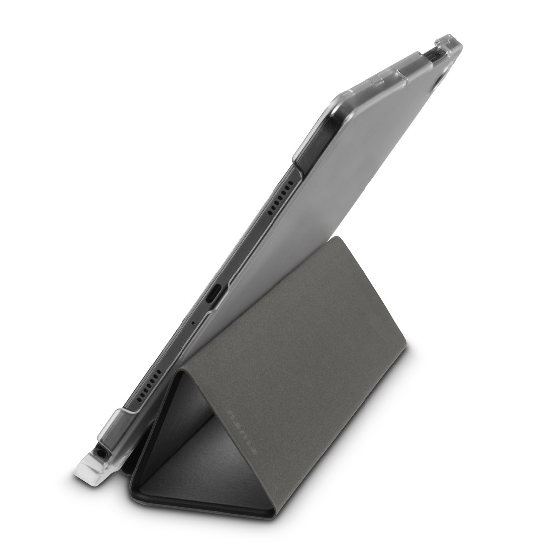 Tablet in grauem Gehäuse, das auf einem grauen Ständer steht. Das Tablet ist abgewinkelt. Weißer Hintergrund.
