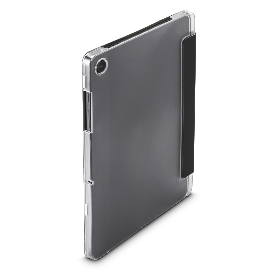 Ein Tablet in einer transparenten Hülle. Das Tablet ist dunkelgrau und hat einen schwarzen Streifen auf der rechten Seite. Die Hülle ist transparent.