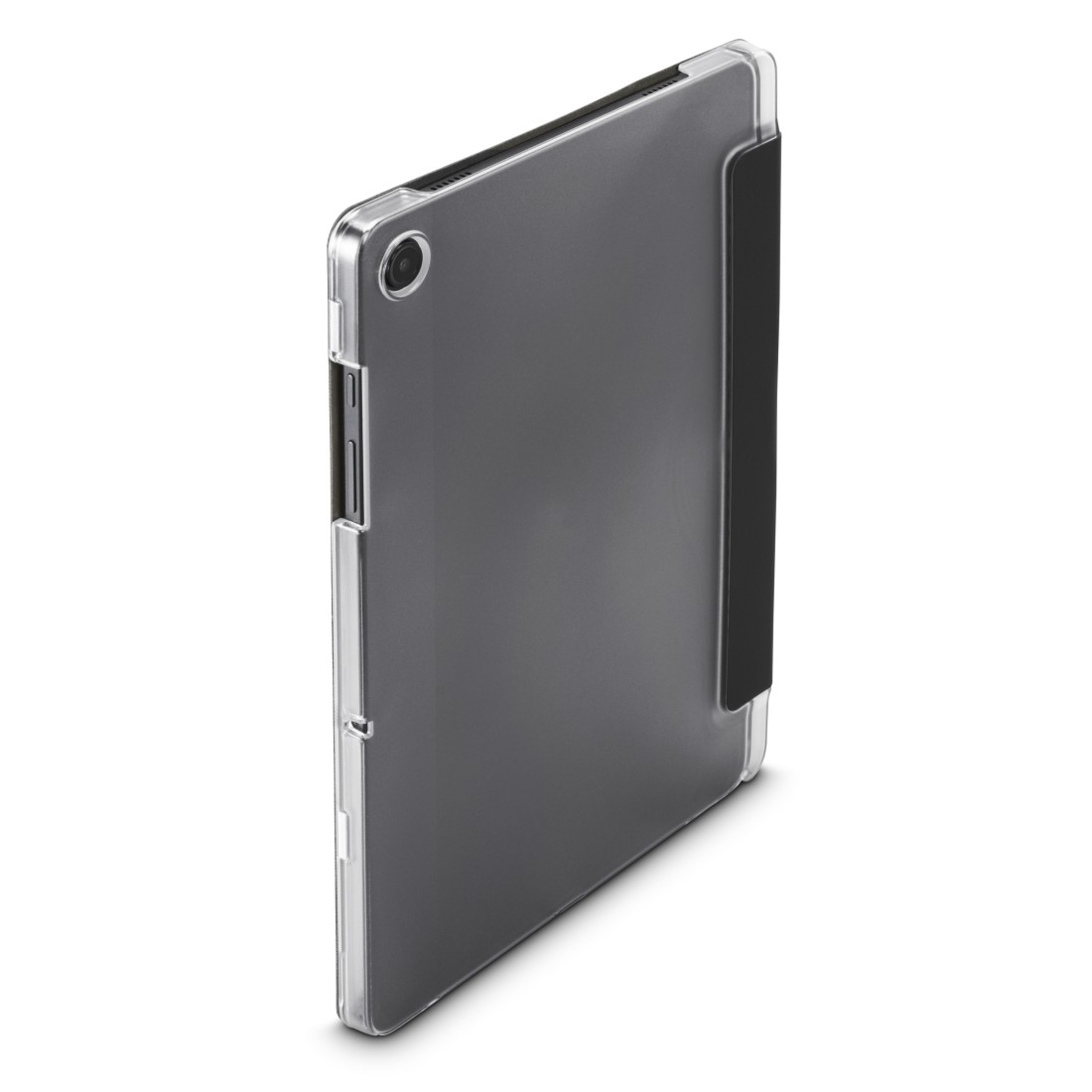 Ein Tablet in einer grauen Hülle mit schwarzem Cover. Die Hülle ist transparent, eine Kameralinse ist sichtbar. Der Hintergrund ist weiß.