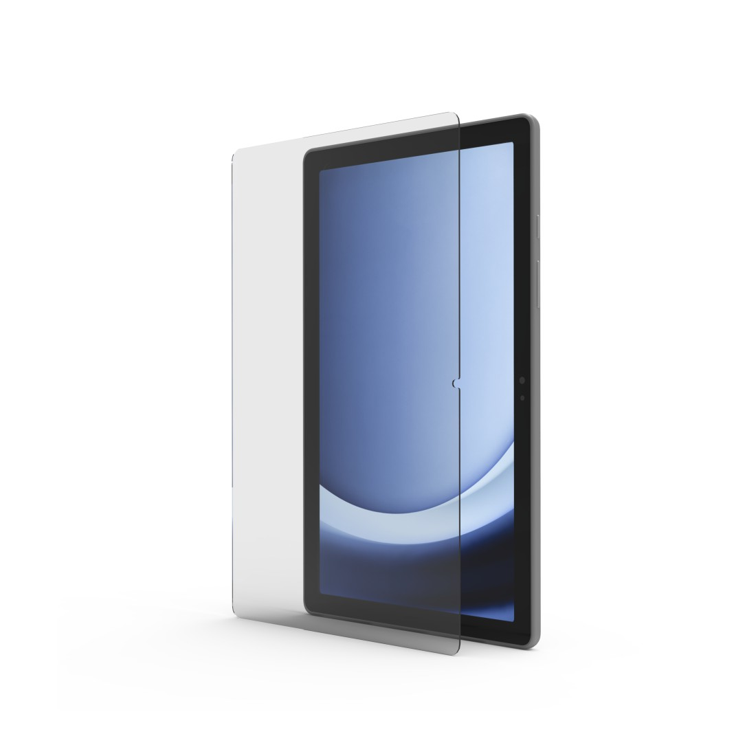 Ein Tablet mit Displayschutzfolie. Der Bildschirm zeigt ein blaues und weißes gebogenes Design. Das Tablet ist schwarz mit silbernem Rand.