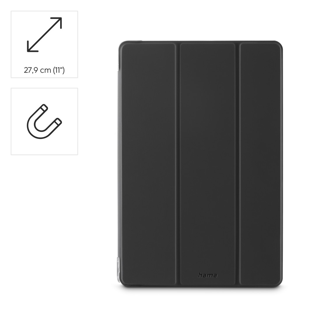 Eine schwarze Tablethülle mit Hama-Logo. Dargestellt mit Größen- und Magnetsymbol. Die Hülle ist geschlossen und gefaltet.