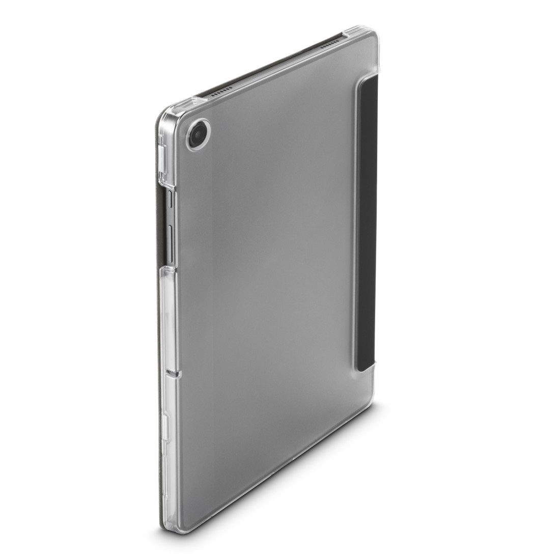 Ein Tablet in einer grauen Schutzhülle, leicht angewinkelt, auf einer weißen Oberfläche. Die Hülle hat einen durchsichtigen Rahmen und einen schwarzen Deckel.