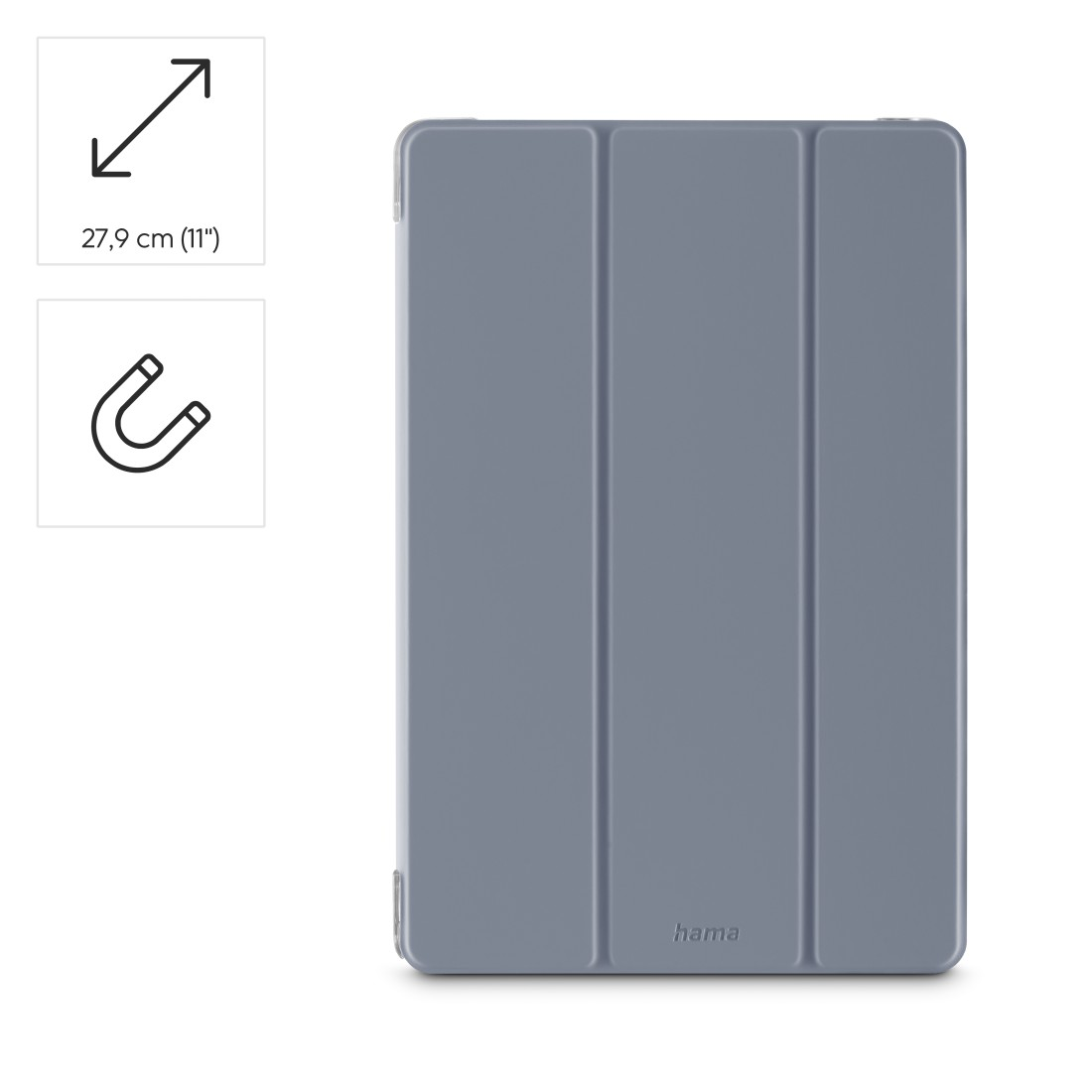 Eine hellblaue Tablet-Hülle mit faltbarem Deckel. Auf der Hülle befindet sich unten das Logo 'hama'. Links befinden sich Symbole für Größe und Magnet.