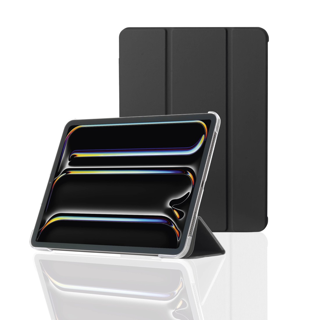 Ein iPad mit schwarzer Hülle ist aufgestellt, ein weiteres steht dahinter. Der Bildschirm zeigt ein farbenfrohes, abstraktes Design.