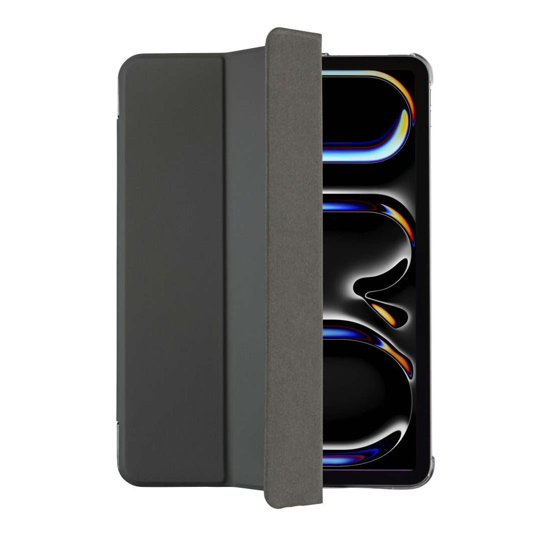 Tablet mit dunkelgrauer Hülle, geöffnet, um den Bildschirm freizugeben. Der Bildschirm zeigt ein farbenfrohes abstraktes Design. Der Hintergrund ist weiß.