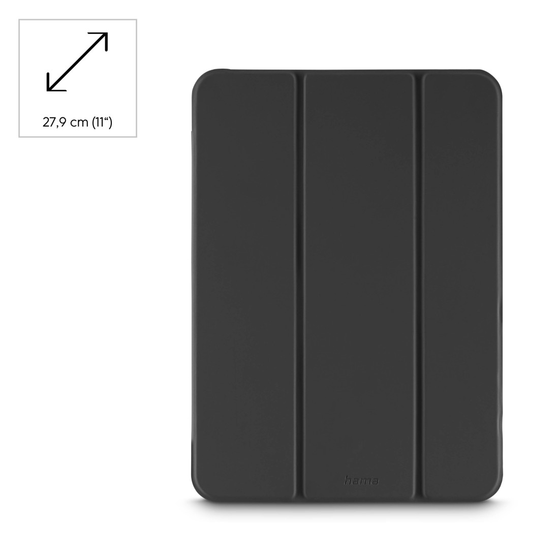 Schwarze Tablet-Hülle. Geschlossen. Drei Abschnitte. Hama-Logo unten rechts. Größenanzeige vorhanden.
