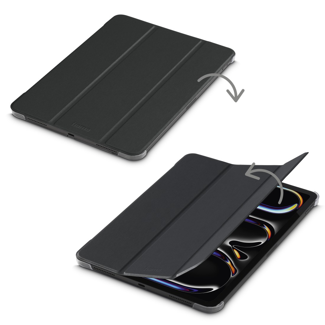 Zwei schwarze Tablet-Hüllen, eine geschlossen und eine geöffnet, die den Bildschirm zeigen. Pfeile zeigen die Öffnungsaktion an. Graue Umrisse und weißer Hintergrund.