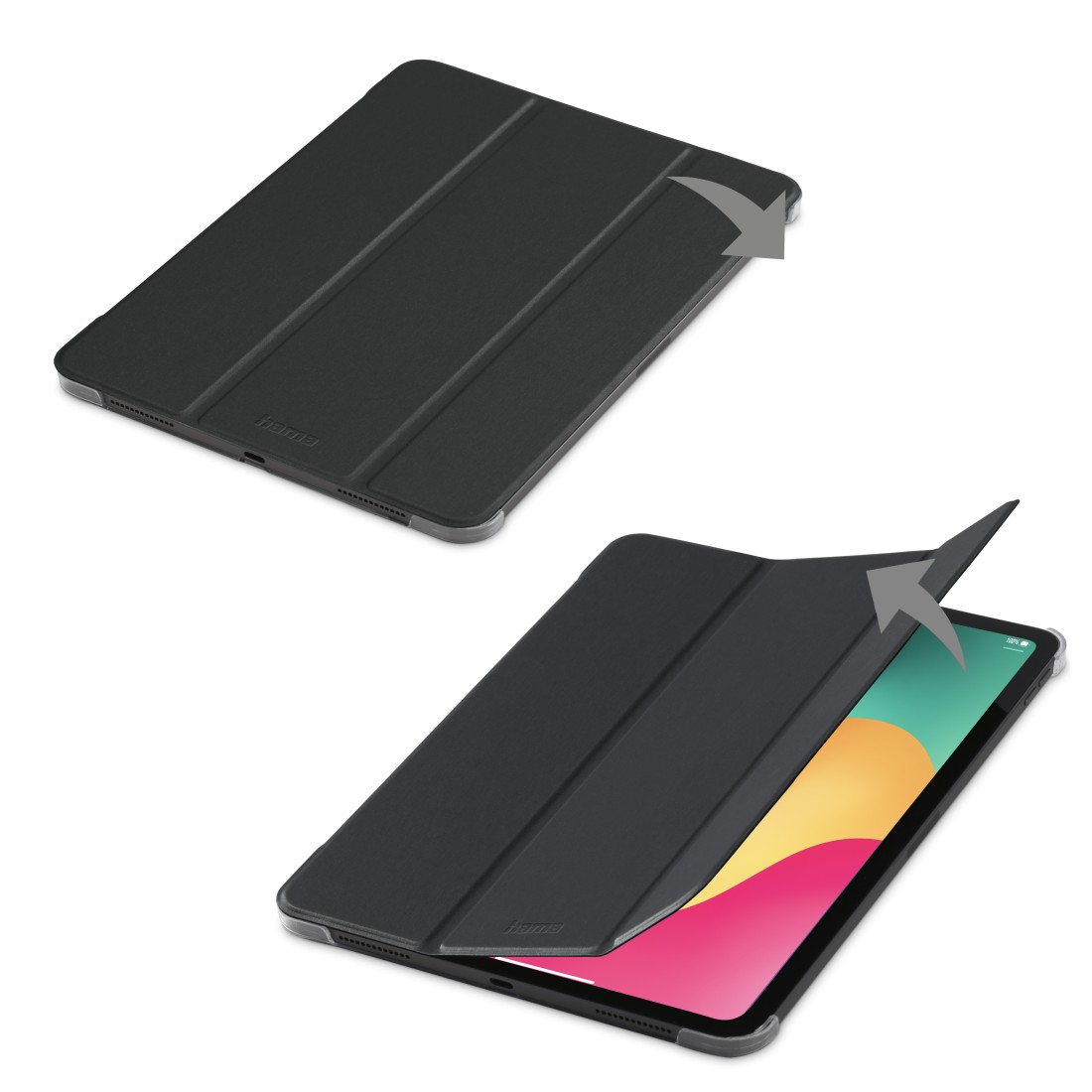 Eine schwarze Tablet-Hülle, geschlossen und geöffnet, zeigt den Bildschirm mit farbenfrohen Grafiken. Pfeile zeigen die Öffnungsaktion an.